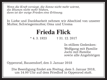 Traueranzeige von Frieda Flick von Giessener Allgemeine, Alsfelder Allgemeine