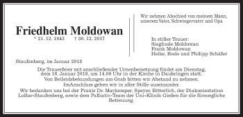 Traueranzeige von Friedhelm Moldowan von Giessener Allgemeine, Alsfelder Allgemeine