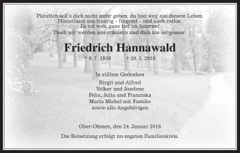 Traueranzeige von Friedrich Hannawald von Alsfelder Allgemeine
