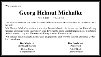 Traueranzeige von Georg Helmut Michalke von Wetterauer Zeitung
