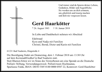 Traueranzeige von Gerd Haarkötter von Wetterauer Zeitung, Wetterauer Zeitung