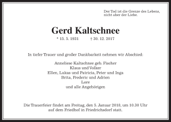 Traueranzeige von Gerd Kaltschnee von Wetterauer Zeitung, Wetterauer Zeitung