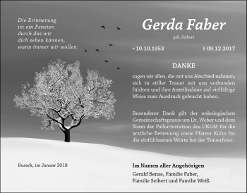 Traueranzeige von Gerda Faber von Giessener Allgemeine, Alsfelder Allgemeine