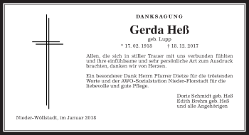 Traueranzeige von Gerda Heß von Wetterauer Zeitung, Wetterauer Zeitung