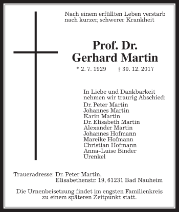 Traueranzeige von Gerhard Martin von Wetterauer Zeitung, Wetterauer Zeitung