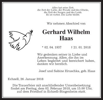 Traueranzeige von Gerhard Wilhelm Haas von Wetterauer Zeitung, Wetterauer Zeitung