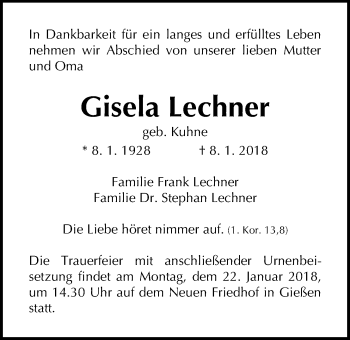 Traueranzeige von Gisela Lechner von Giessener Allgemeine, Alsfelder Allgemeine