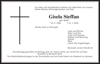 Traueranzeige von Gisela Steffan von Wetterauer Zeitung, Wetterauer Zeitung