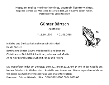 Traueranzeige von Günter Bärtsch von Giessener Allgemeine, Alsfelder Allgemeine