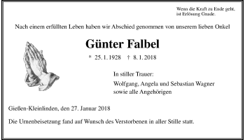 Traueranzeige von Günter Falbel von Giessener Allgemeine, Alsfelder Allgemeine