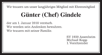 Traueranzeige von Günter Gindele von Wetterauer Zeitung, Wetterauer Zeitung