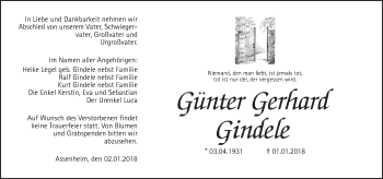 Traueranzeige von Günter Gerhard Gindele von Wetterauer Zeitung, Wetterauer Zeitung