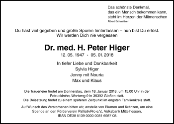 Traueranzeige von H. Peter Higer von Giessener Allgemeine, Alsfelder Allgemeine