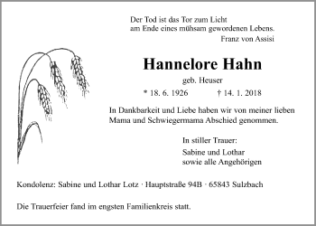 Traueranzeige von Hannelore Hahn von Giessener Allgemeine, Alsfelder Allgemeine