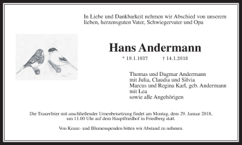 Traueranzeige von Hans Andermann von Wetterauer Zeitung, Wetterauer Zeitung