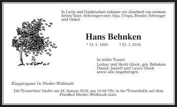Traueranzeige von Hans Behnken von Wetterauer Zeitung, Wetterauer Zeitung