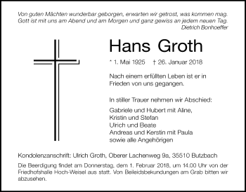 Traueranzeige von Hans Groth von Wetterauer Zeitung, Wetterauer Zeitung