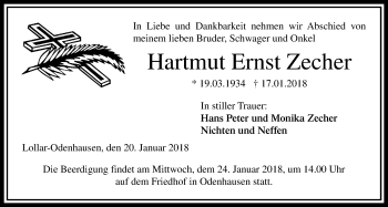 Traueranzeige von Hartmut Ernst Zecher von Giessener Allgemeine, Alsfelder Allgemeine