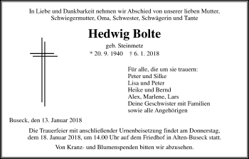 Traueranzeige von Hedwig Bolte von Giessener Allgemeine, Alsfelder Allgemeine