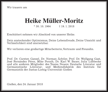 Traueranzeige von Heike Müller-Moritz von Giessener Allgemeine, Alsfelder Allgemeine