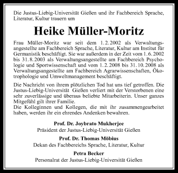 Traueranzeige von Heike Müller-Moritz von Giessener Allgemeine, Alsfelder Allgemeine