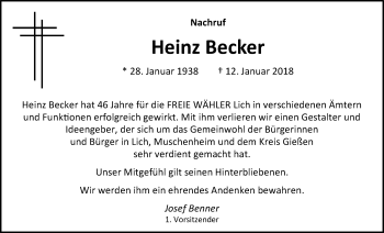 Traueranzeige von Heinz Becker von Licher Wochenblatt, Licher Wochenblatt, Licher Wochenblatt