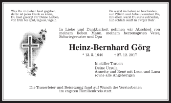 Traueranzeige von Heinz-Bernhard Görg von Wetterauer Zeitung, Wetterauer Zeitung