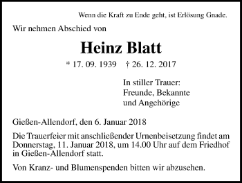 Traueranzeige von Heinz Blatt von Giessener Allgemeine, Alsfelder Allgemeine