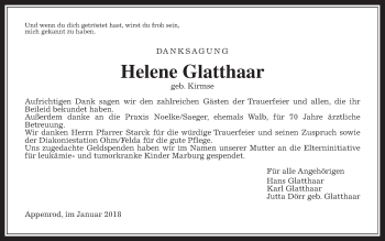 Traueranzeige von Helene Glatthaar von Alsfelder Allgemeine
