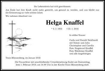 Traueranzeige von Helga Knaffel von Licher Wochenblatt, Licher Wochenblatt, Licher Wochenblatt