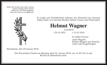 Traueranzeige von Helmut Wagner von Wetterauer Zeitung, Wetterauer Zeitung