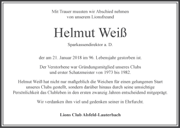 Traueranzeige von Helmut Weiß von Alsfelder Allgemeine