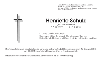 Traueranzeige von Henriette Schulz von Wetterauer Zeitung, Wetterauer Zeitung