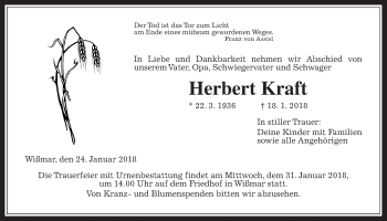 Traueranzeige von Herbert Kraft von Giessener Allgemeine, Alsfelder Allgemeine