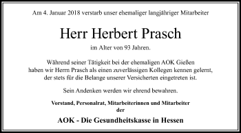 Traueranzeige von Herbert Prasch von Giessener Allgemeine, Alsfelder Allgemeine