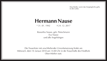 Traueranzeige von Hermann Nause von Wetterauer Zeitung, Wetterauer Zeitung