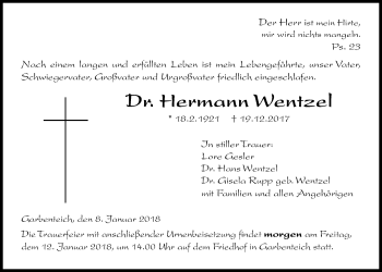 Traueranzeige von Hermann Wentzel von Licher Wochenblatt, Licher Wochenblatt, Licher Wochenblatt