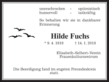 Traueranzeige von Hilde Fuchs von Giessener Allgemeine, Alsfelder Allgemeine
