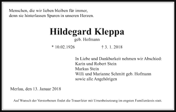 Traueranzeige von Hildegard Kleppa von Alsfelder Allgemeine