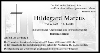 Traueranzeige von Hildegard Marcus von Alsfelder Allgemeine