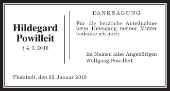 Traueranzeige von Hildegard Powilleit von Wetterauer Zeitung, Wetterauer Zeitung