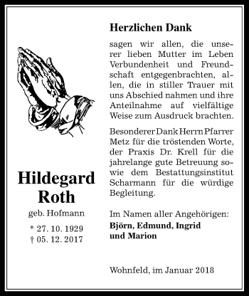 Traueranzeige von Hildegard Roth von Alsfelder Allgemeine