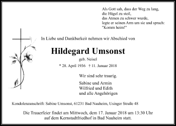 Traueranzeige von Hildegard Umsonst von Wetterauer Zeitung, Wetterauer Zeitung
