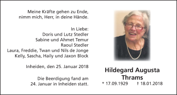 Traueranzeige von Hildegard Augusta Thrams von Licher Wochenblatt, Licher Wochenblatt, Licher Wochenblatt