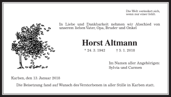 Traueranzeige von Horst Altmann von Wetterauer Zeitung, Wetterauer Zeitung