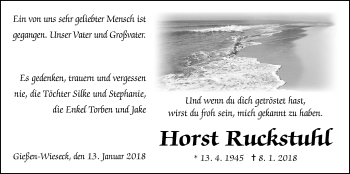 Traueranzeige von Horst Ruckstuhl von Giessener Allgemeine, Alsfelder Allgemeine