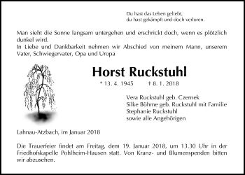 Traueranzeige von Horst Ruckstuhl von Giessener Allgemeine, Alsfelder Allgemeine
