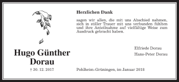 Traueranzeige von Hugo Günther Dorau von Giessener Allgemeine, Alsfelder Allgemeine