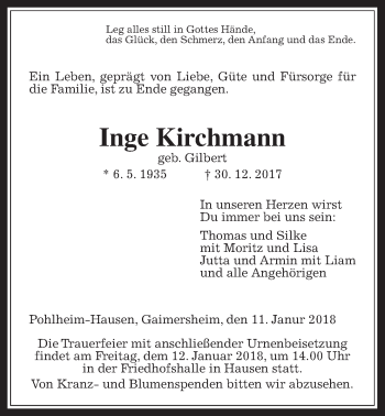 Traueranzeige von Inge Kirchmann von Giessener Allgemeine, Alsfelder Allgemeine, Pohlheimer Nachrichten