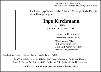 Traueranzeige von Inge Kirchmann von Giessener Allgemeine, Alsfelder Allgemeine